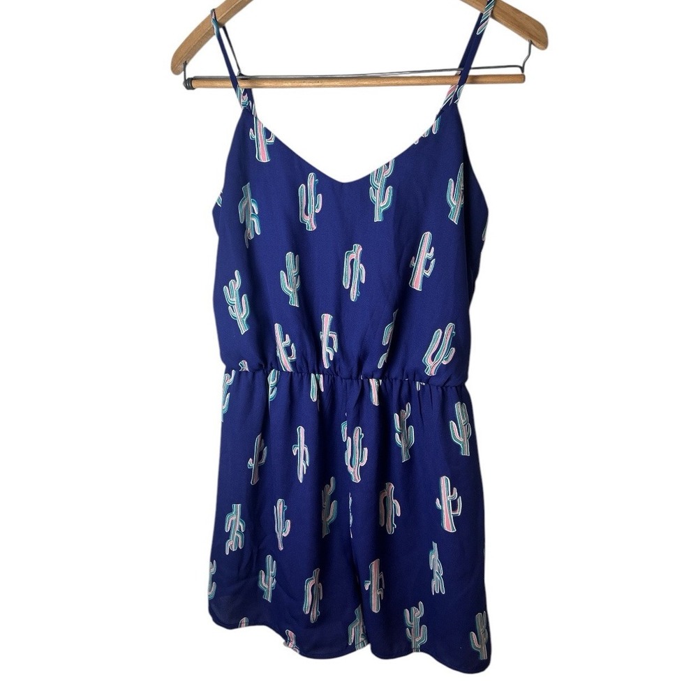 Everly Womens Blue Adjustable Straps Cinched Waist Cactus Printed Romper Small